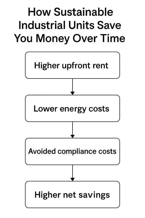 Flowchart showing how higher upfront rent for sustainable industrial units leads to lower energy costs, avoided compliance costs, and ultimately higher net savings.