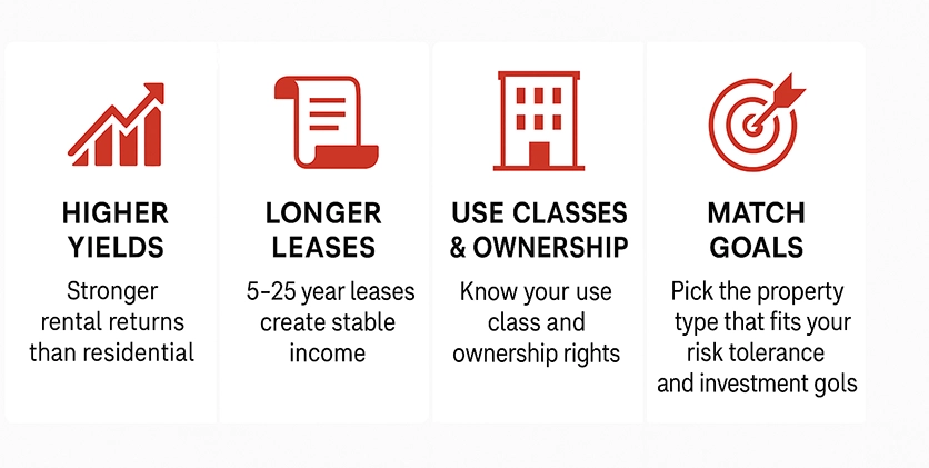 Icons highlighting key advantages of commercial property investment: higher yields, longer leases, use classes and ownership, and matching property goals.