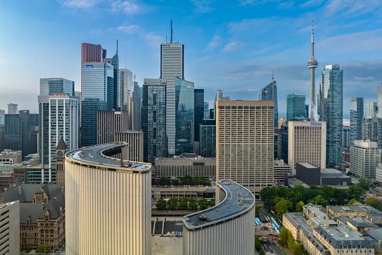Toronto Financial District Skyline with CN Tower at Sunrise