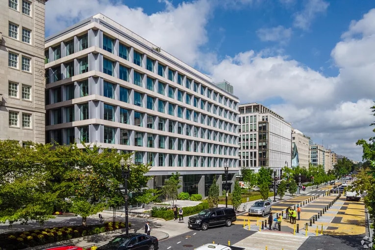 View of office buildings along Black Lives Matter Plaza in downtown Washington DC.