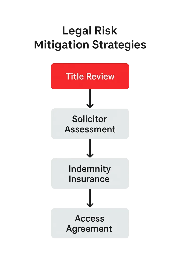 Flowchart showing four steps to mitigate legal risks in flying freehold property: Title Review, Solicitor Assessment, Indemnity Insurance, and Access Agreement.