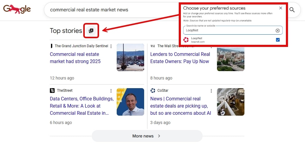 A screenshot of Google's Top Stories card, with an arrow showing how to use it to set LoopNet as a preferred source.