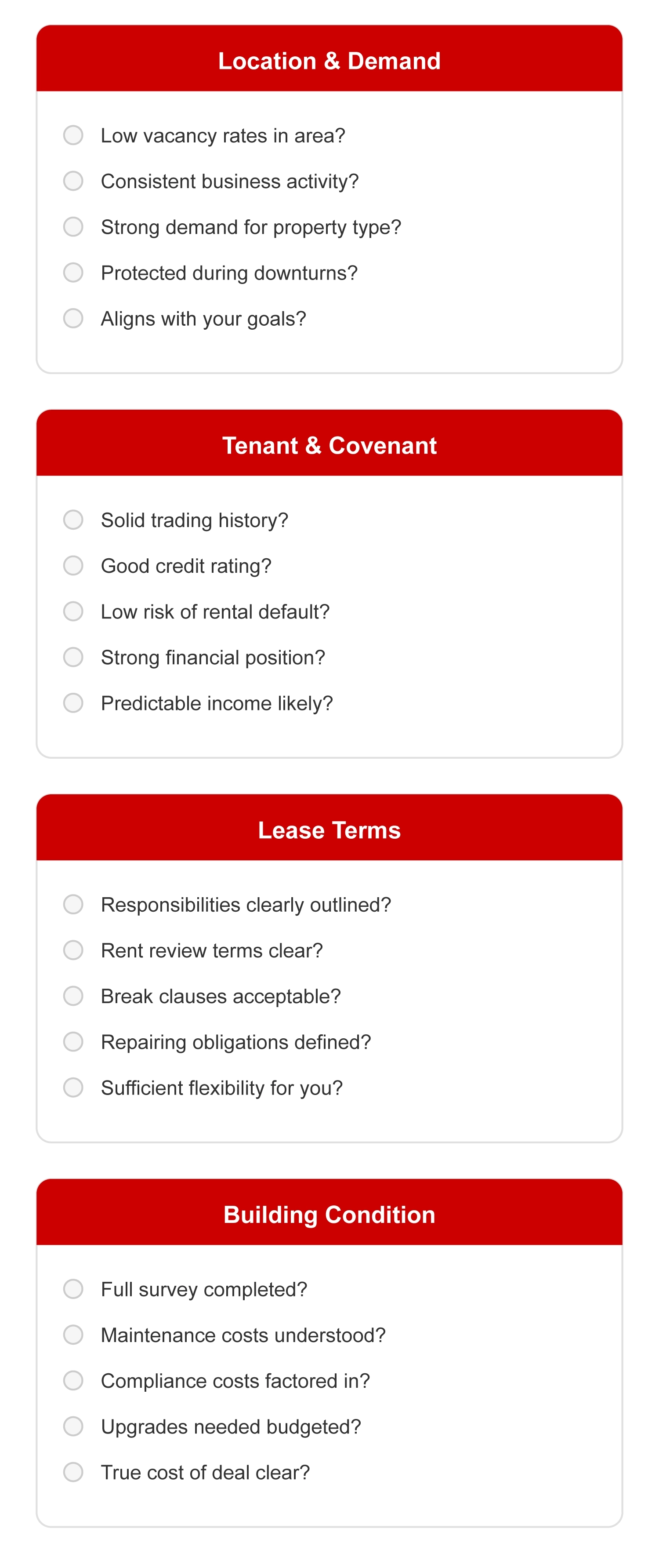 A vertical checklist outlining key questions to assess location, tenant strength, lease terms, and building condition before making an offer.