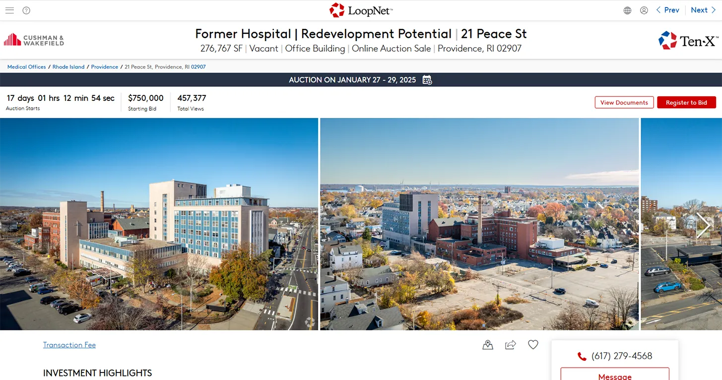 Screenshot of LoopNet.com showing a commercial property that is available for auction