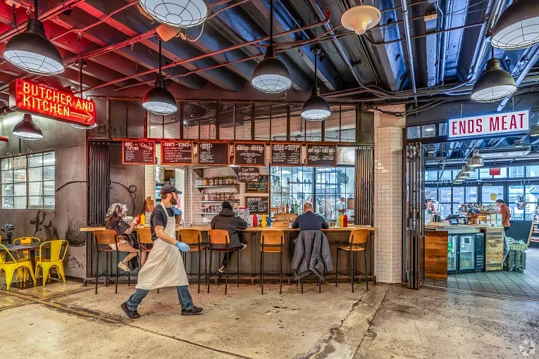 Interior shot of a food stalls and market in the Sunset Park neighborhood in Brooklyn, NY.