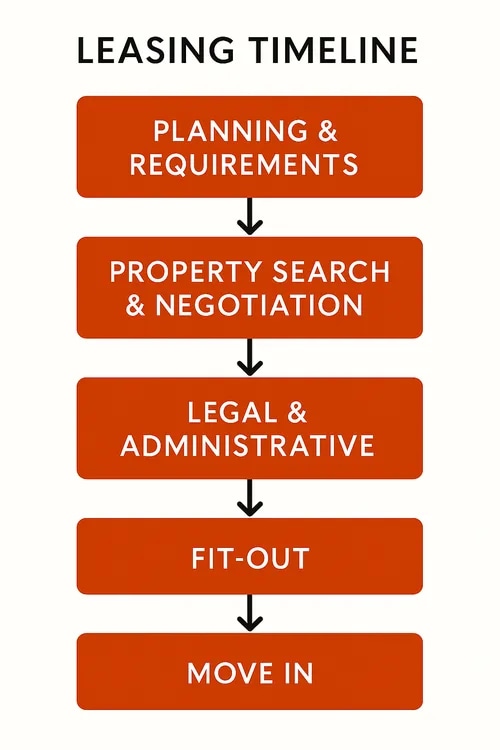 Flowchart showing five key stages of the leasing process for office space: Planning, Search, Legal, Fit-Out, and Move In.
