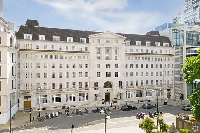 Front view of The Gilbert office building at 39-45 Finsbury Square, London EC2A, offering 13,460 to 61,500 square feet of 4-star office space for lease.