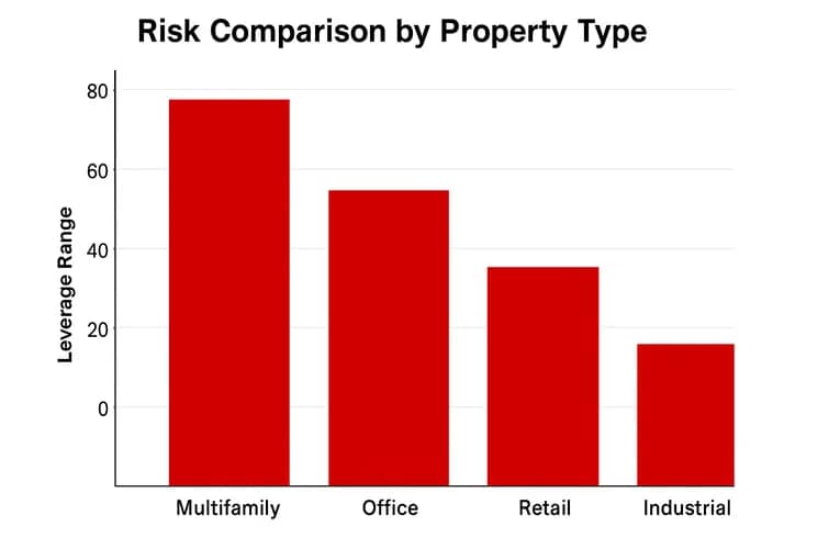 Bar chart showing risk tolerance by property type, with typical leverage levels for multifamily, office, retail, and industrial properties.