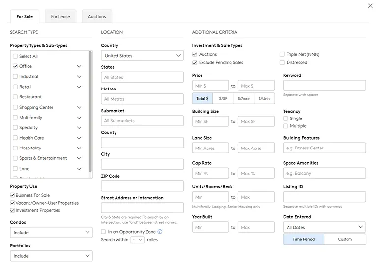 Screenshot of LoopNet's advanced search filters showing property types, location options, and investment criteria for commercial listings.