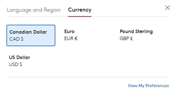 Currency selection modal on LoopNet with display options for U.S. Dollar, Canadian Dollar, Euro, and Pound Sterling.