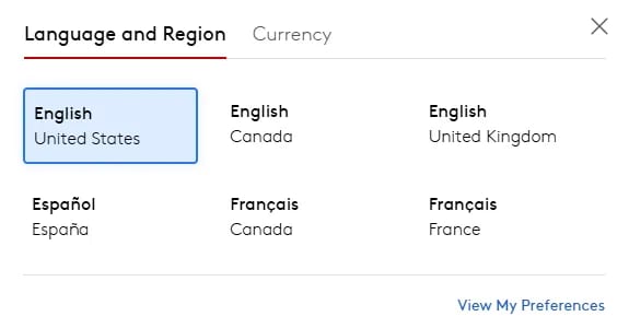 Language selection modal on LoopNet showing interface options in English, Spanish, and French by country.