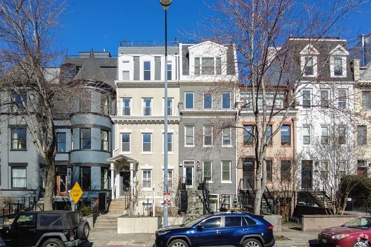 Row houses and multifamily buildings in the Columbia Heights neighborhood of Washington DC.