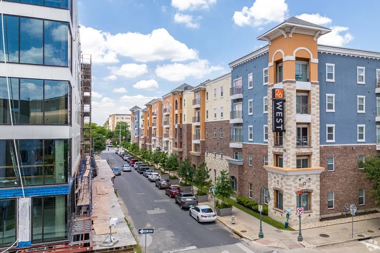 Aerial view of apartment buildings and street in Austin, TX.