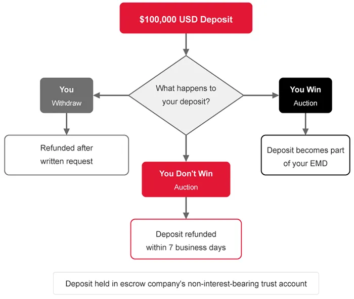 Flowchart showing what happens to the $100,000 deposit for international bidders with non-US banks. Three paths show: if you win the auction (deposit becomes part of EMD), if you don't win (deposit refunded within 7 business days), or if you withdraw before bidding (refunded after written request).