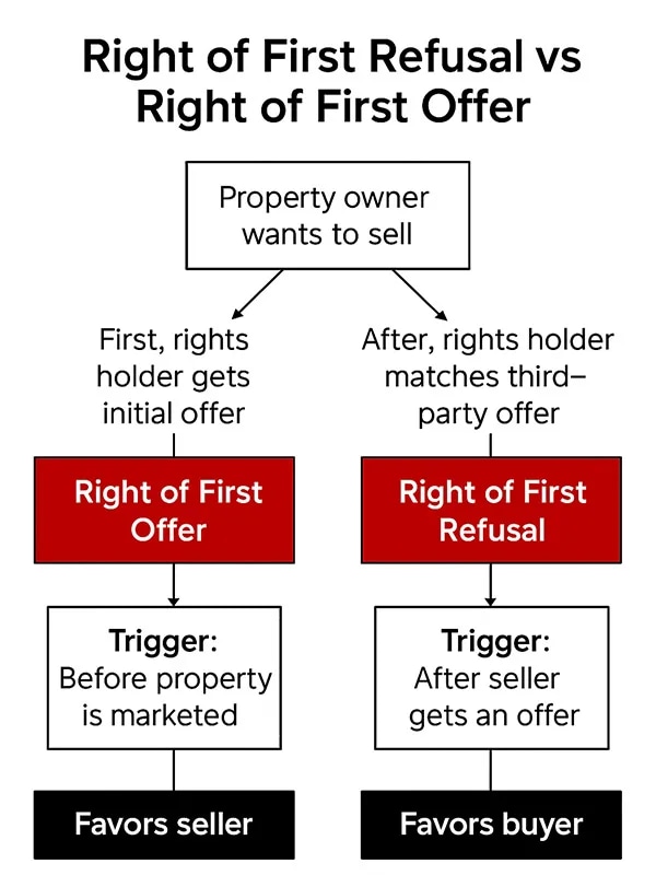 Flowchart comparing Right of First Offer and Right of First Refusal showing when each right is triggered and who benefits.