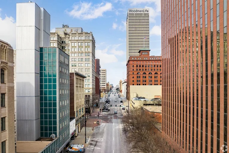 Aerial view of Farnum St. in downtown Omaha, NE.