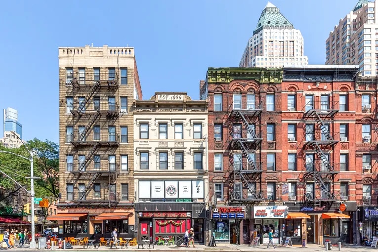 Exterior view of apartment buildings in the Hell's Kitchen neighborhood of Manhattan, New York, NY.