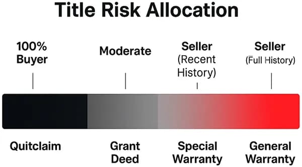 Bar graph showing title risk distribution across deed types: Quitclaim (100% buyer risk), Grant Deed (shared risk), Special Warranty Deed (partial seller liability), General Warranty Deed (full seller liability).