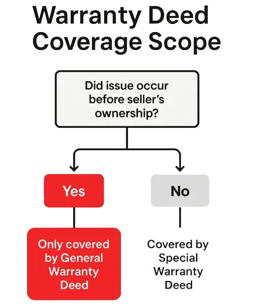 Flowchart showing title issue coverage under general vs. special warranty deeds based on when the issue occurred