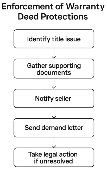 Flowchart showing five steps to enforce warranty deed protections, from identifying a title issue to pursuing legal action if unresolved.