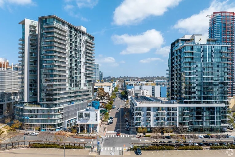 Aerial skyline of downtown San Diego, CA from the East Village neighborhood.