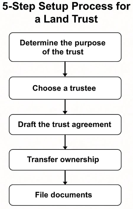 Flowchart showing the five steps to set up a land trust: determine the purpose, choose a trustee, draft the trust agreement, transfer ownership, and file documents.