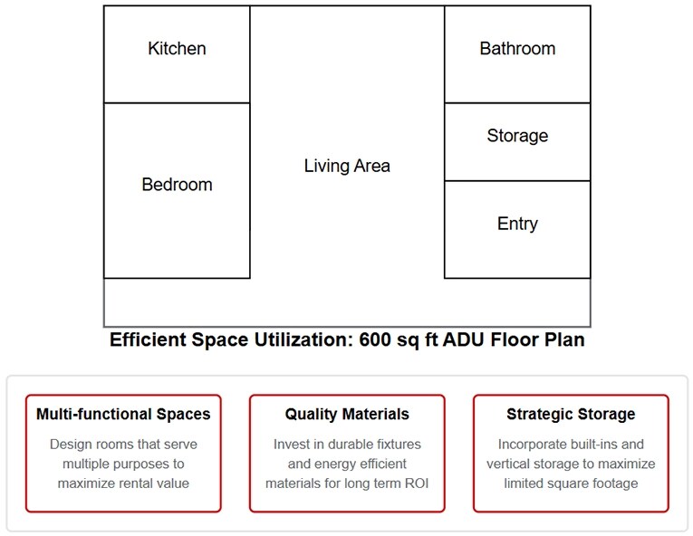 ADU floor plan showing efficient space utilization in a 600 sq ft layout. The plan includes a kitchen and bathroom at the top, bedroom on the left side, living area in the center, and storage and entry spaces on the right. Below the floor plan are three design principles: multi-functional spaces, quality materials, and strategic storage.