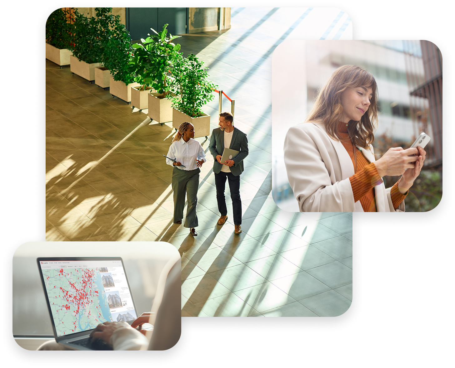 Colleagues walking through a sunlit lobby, with inset photos of a woman on her phone and a laptop showing property listings.